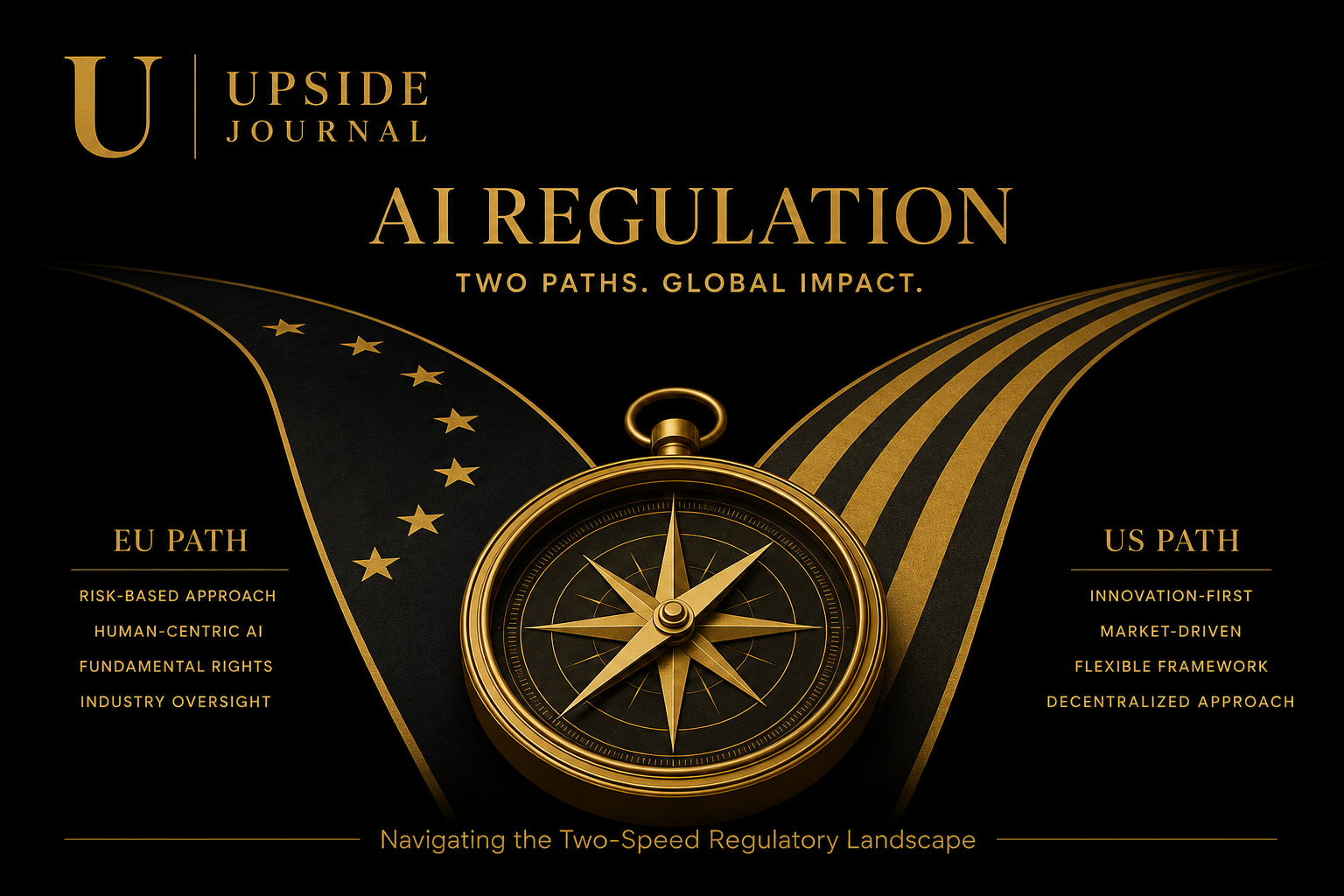 The compliance matrix — US vs EU AI regulation comparison. Upside Journal.