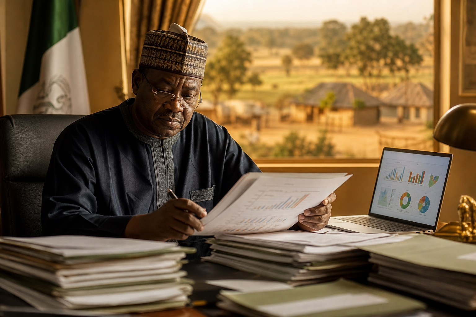 Nigerian government official reviewing SDG implementation reports — the gap between global commitments and local reality