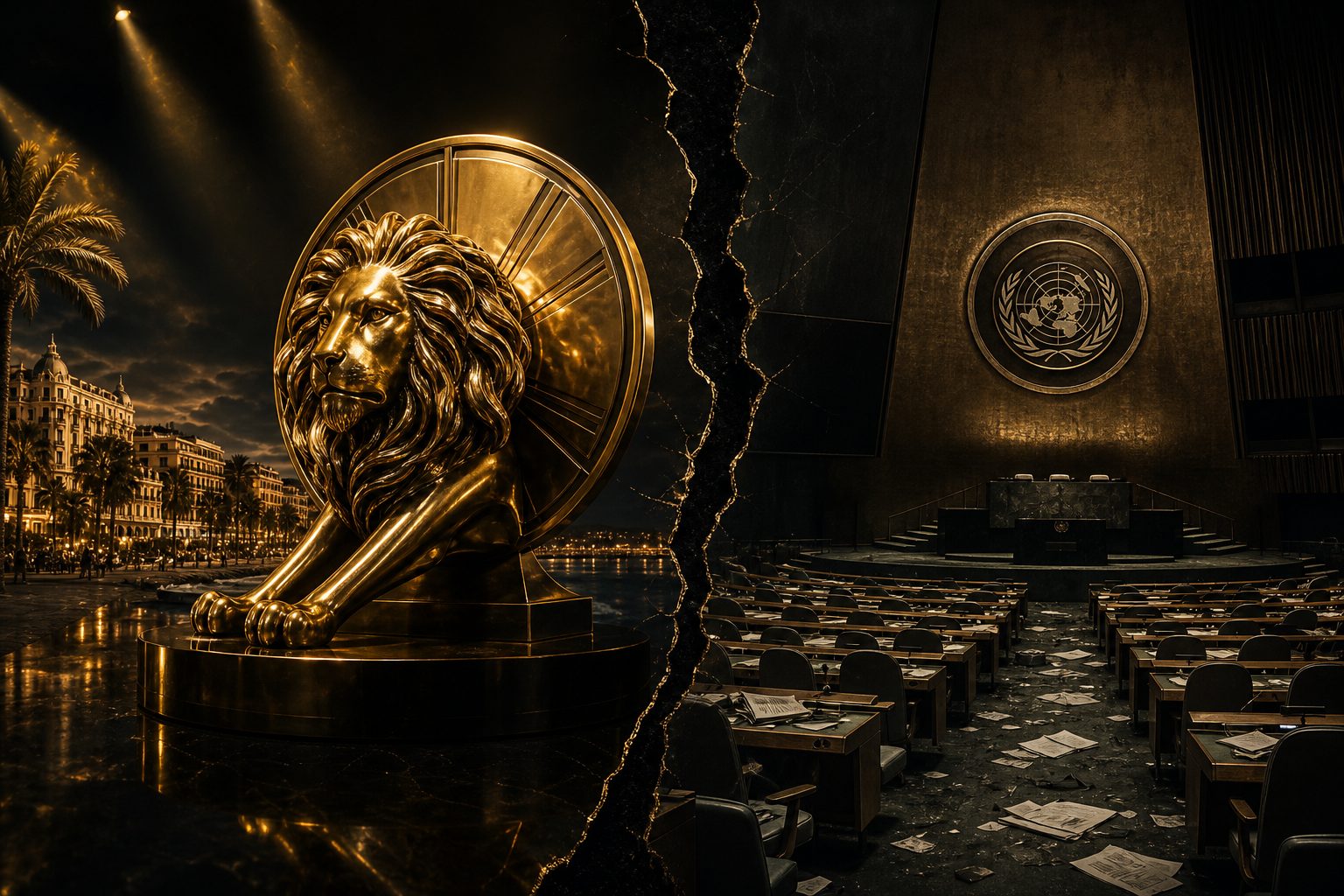 Cannes Lions golden trophy on the Croisette vs the UN General Assembly hall — the split between creative celebration and institutional accountability