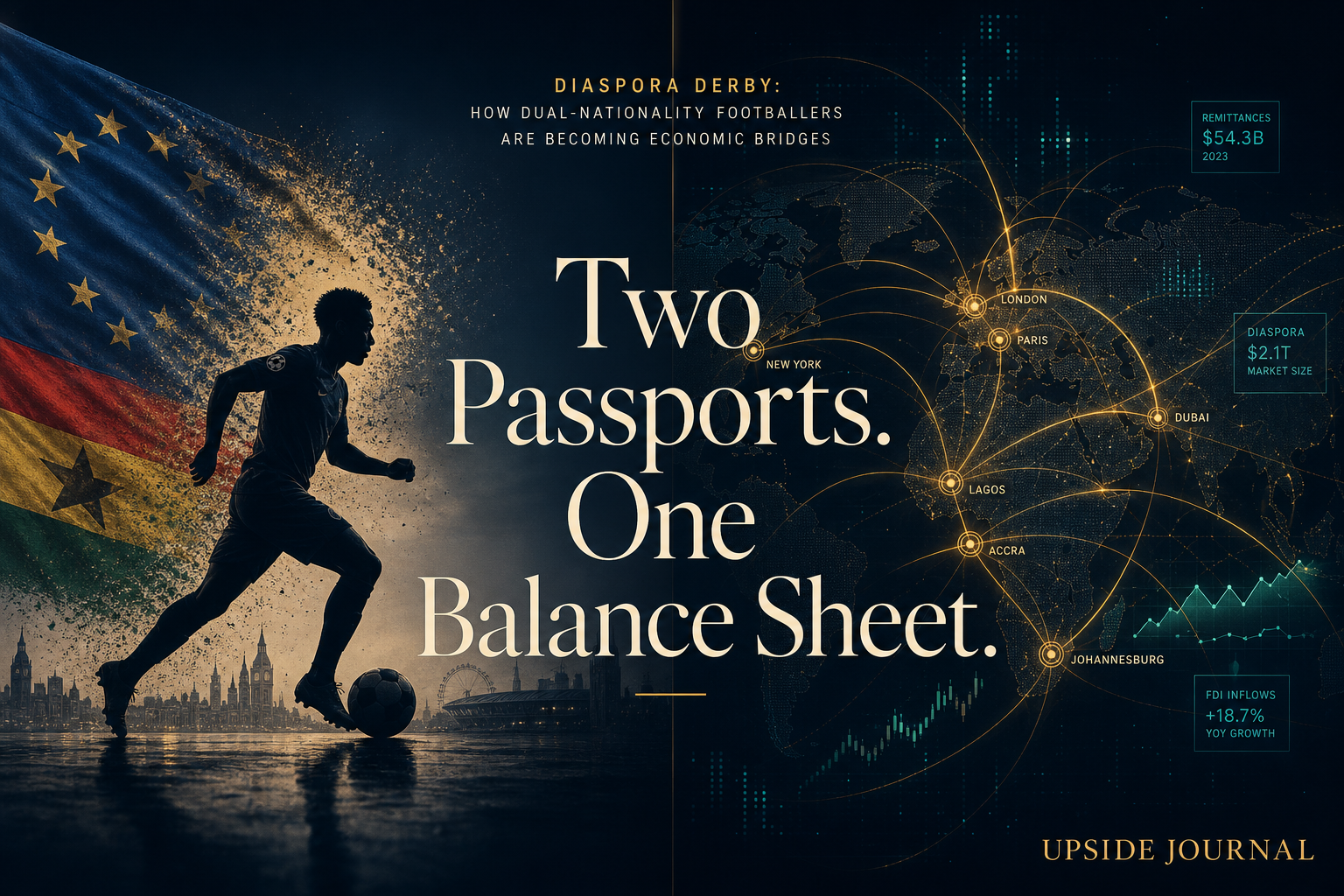 Diaspora Derby — split-screen showing a footballer silhouette with dual national flags on the left and global investment flow lines connecting world cities on the right. Two Passports. One Balance Sheet. Upside Journal.