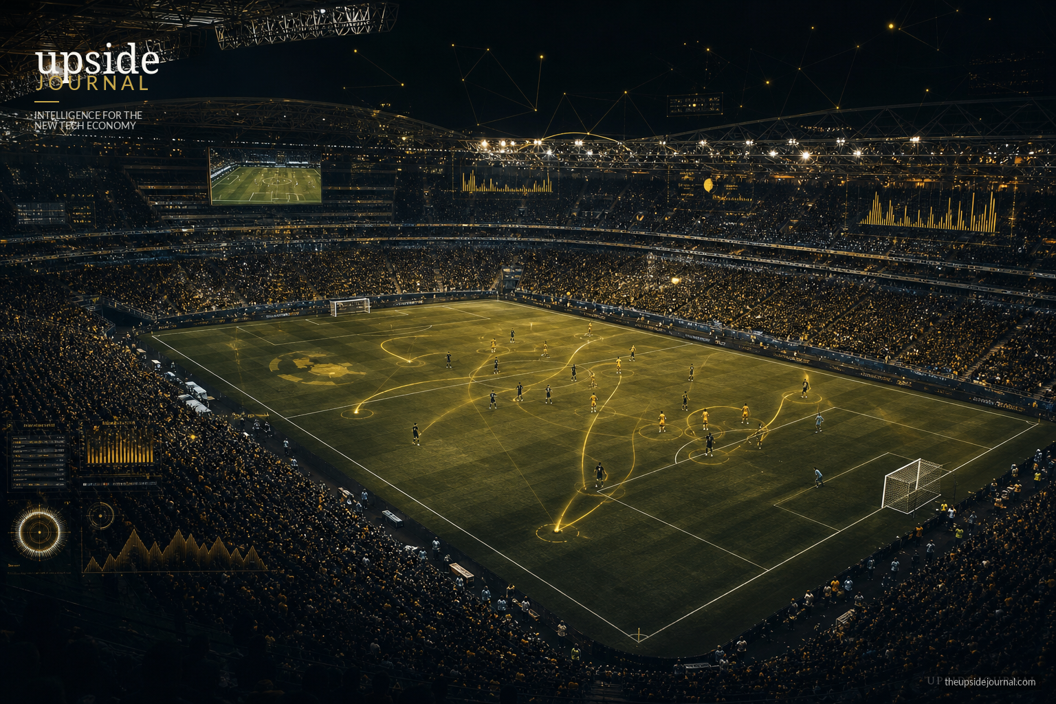 The Invisible Tech Running the 2026 World Cup — futuristic football stadium with AI tracking data visualizations and golden accent lighting. Upside Journal.