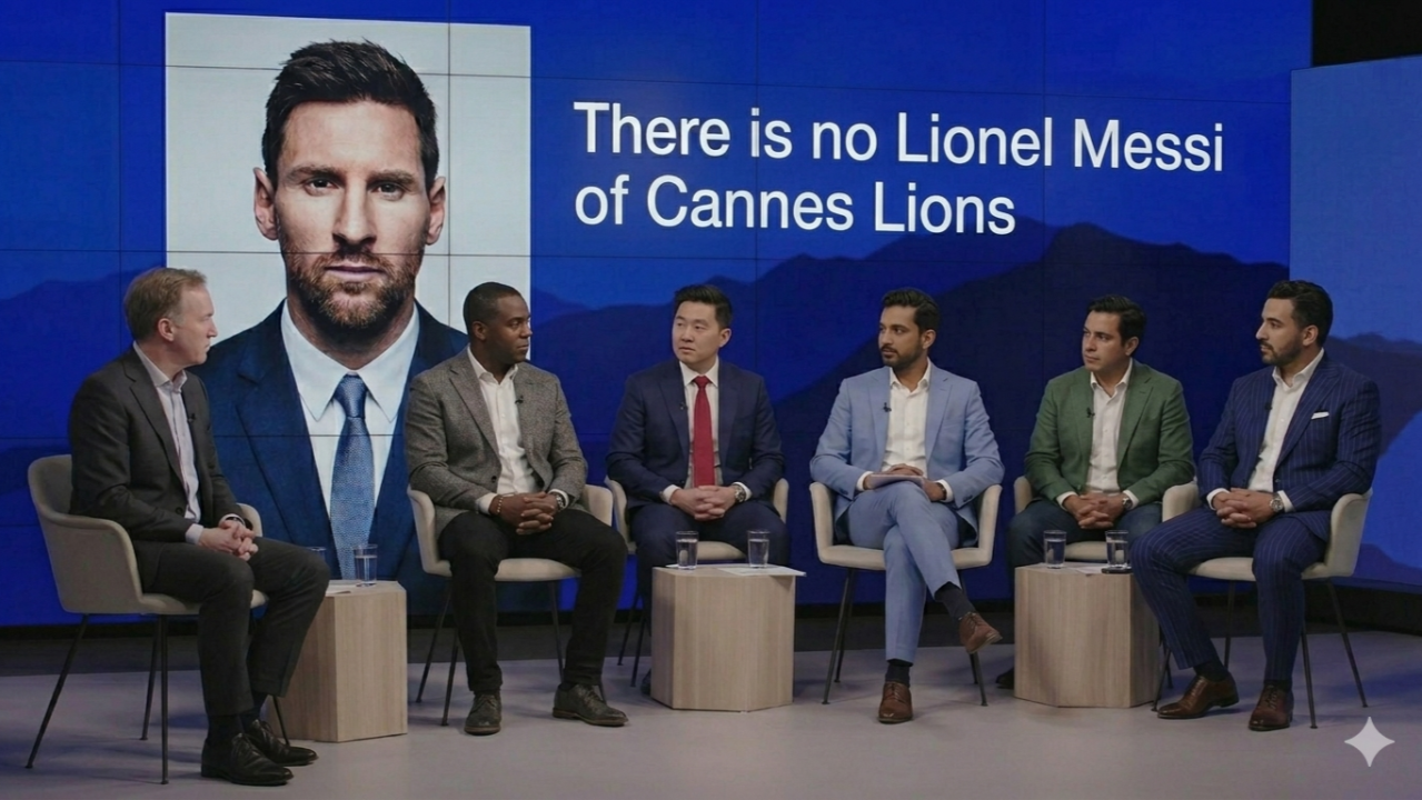 There Is No Lionel Messi of Cannes Lions — golden lion with soccer ball and the Cannes Croisette. Man Champion Monday. Upside Journal.