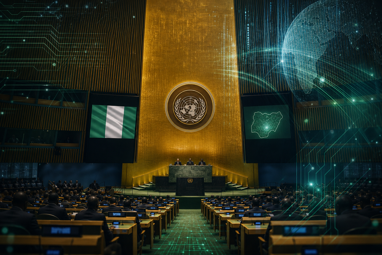United Nations building with digital overlay and Nigerian flag motif — Upside Journal Long Horizon